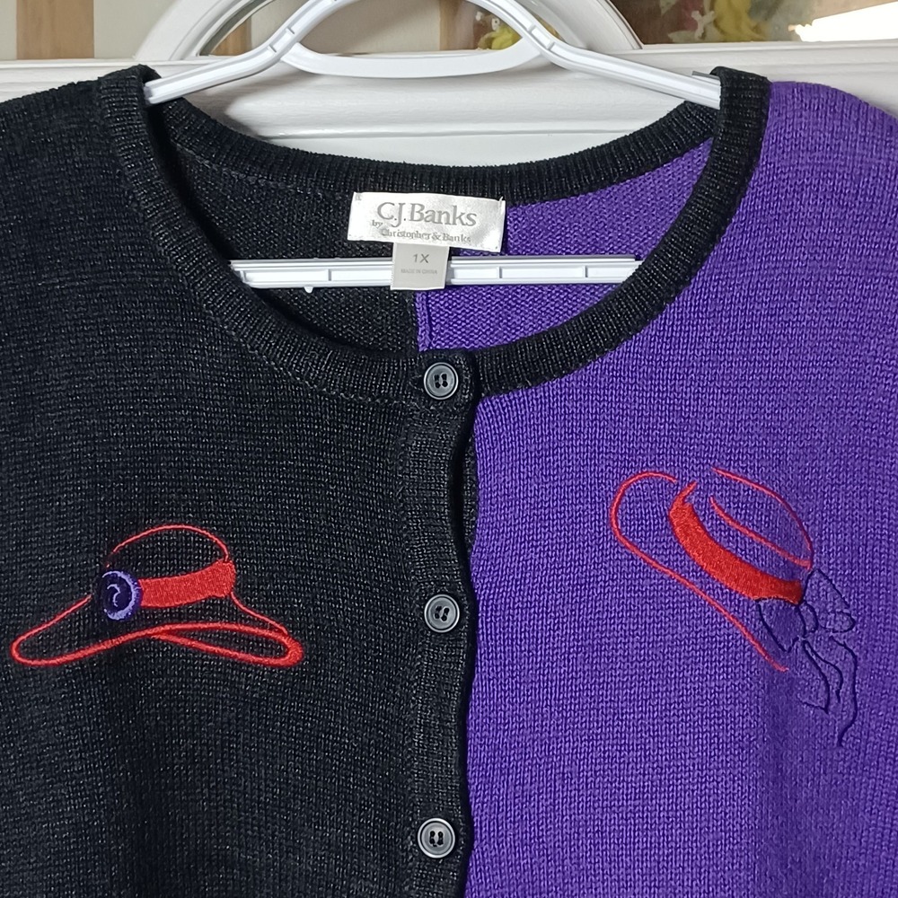 Red Hat Society Embroidered Cardigan Sweater 1X Black Purple Color Block L/S - Picture 2 of 11